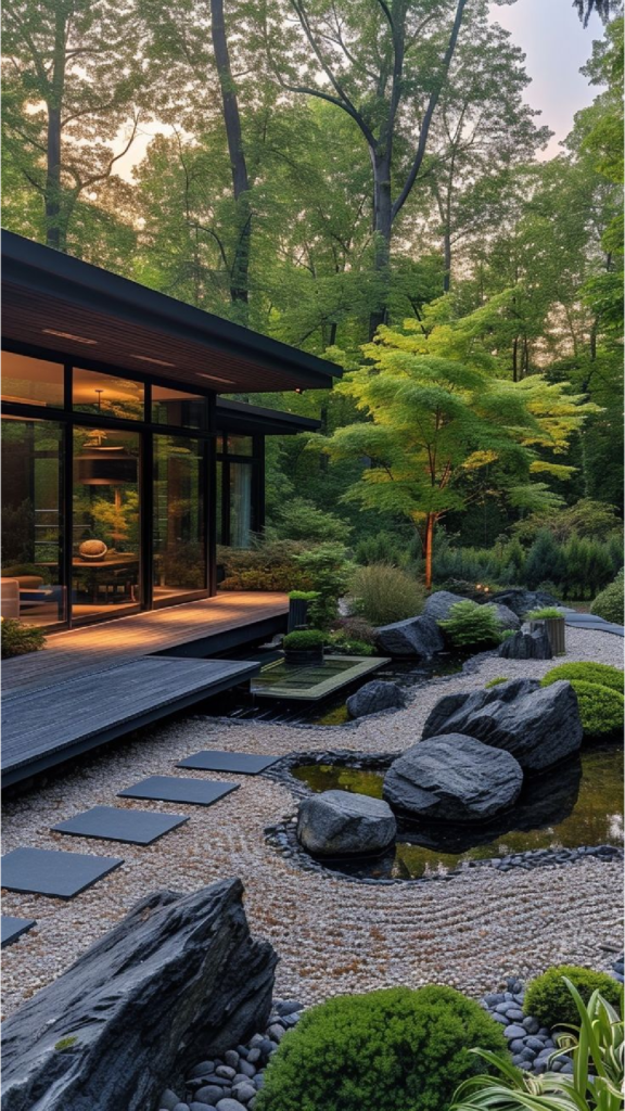 Jardín Zen exterior con piedra y pasos en piedra